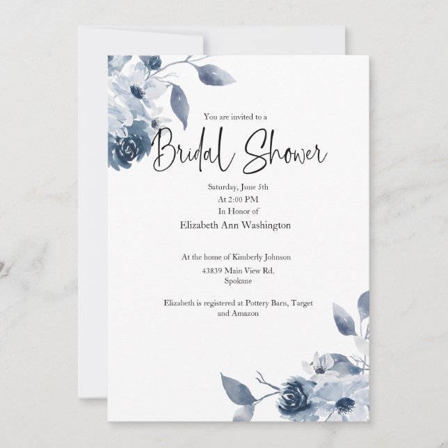 Blue Floral Watercolor Bridal Shower Invitation (Front)