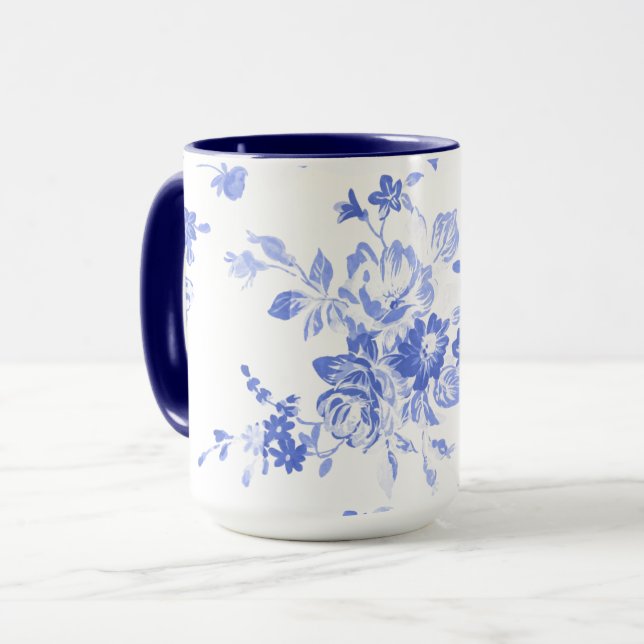 Blue Floral Watercolor Ceramic Mug (Front Left)