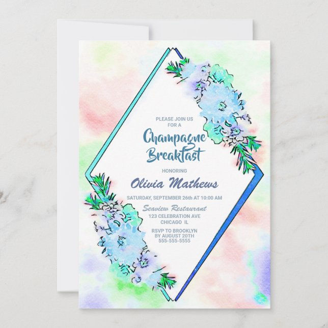 Blue Floral Watercolor Champagne Breakfast Invitation (Front)