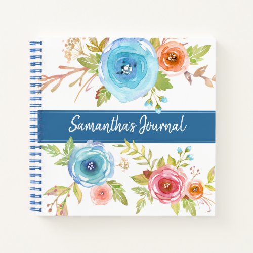 Blue floral watercolor custom script name square notebook