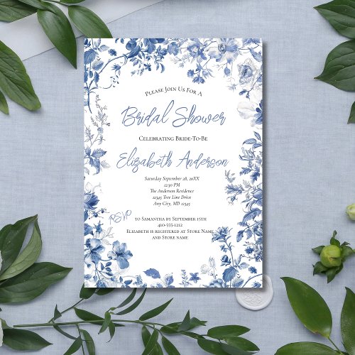 Blue Floral Watercolor Elegant Bridal Shower Invitation