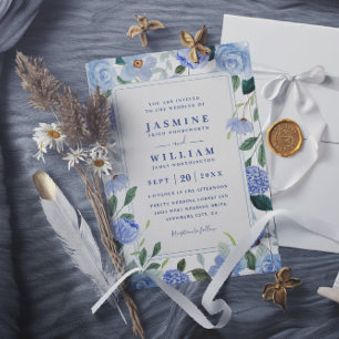 Blue Floral Watercolor Elegant QR Code Wedding Invitation