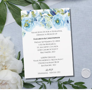 Blue Floral Watercolor Elegant Wedding Rehearsal  Invitation