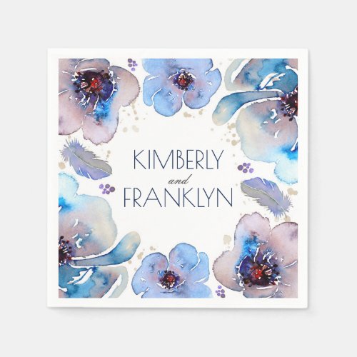 Blue Floral Watercolor Feathers Boho Wedding Napkins - Floral watercolor wreath boho feathers paper napkins