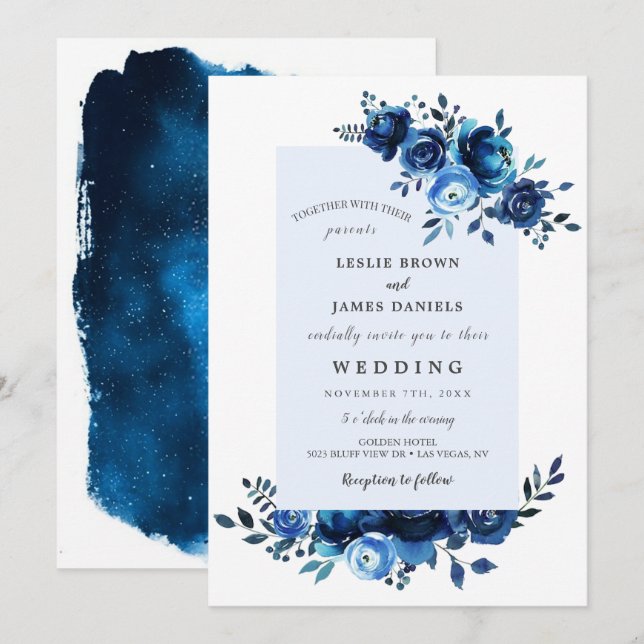 Blue Floral Watercolor Flower Wedding Invitations (Front/Back)