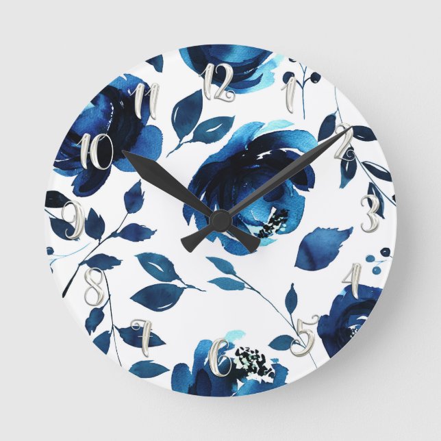 Blue Floral Watercolor Flowers Elegant Chic Round Clock (Front)