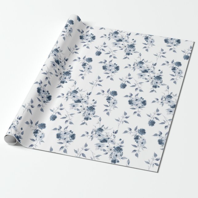 Blue Floral Watercolor Gift Wrapping Paper (Unrolled)