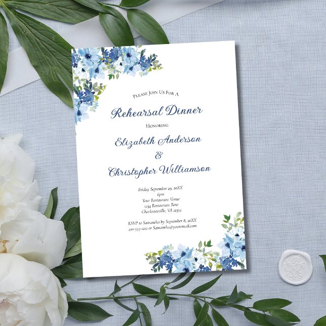 Blue Floral Watercolor Greenery Rehearsal Dinner Invitation (Blue Watercolor Floral with Greenery Wedding Rehearsal dinner invitation)