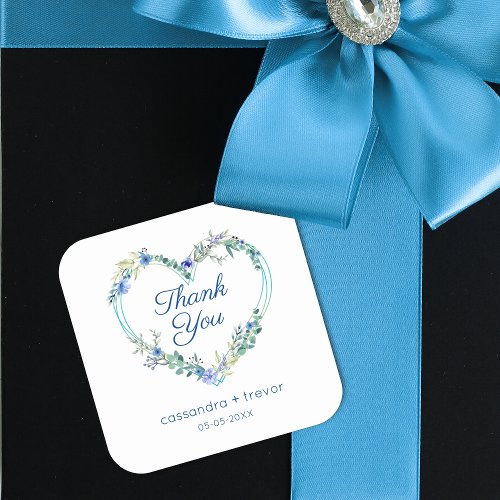 Blue Floral Watercolor Heart with Leaves Square Sticker