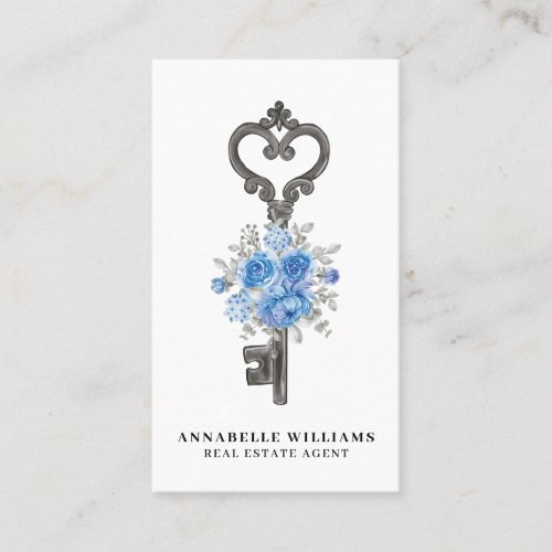 Blue Floral Watercolor Key Real Estate Agent Business Card