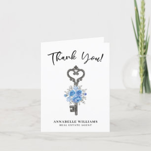 Blue Floral Watercolor Key Real Estate Agent Thank You Card