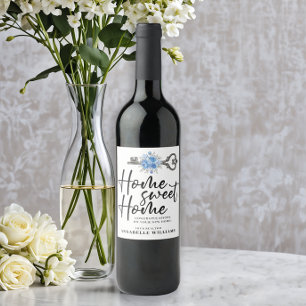 Blue Floral Watercolor Key Realtor Closing Gift Wine Label