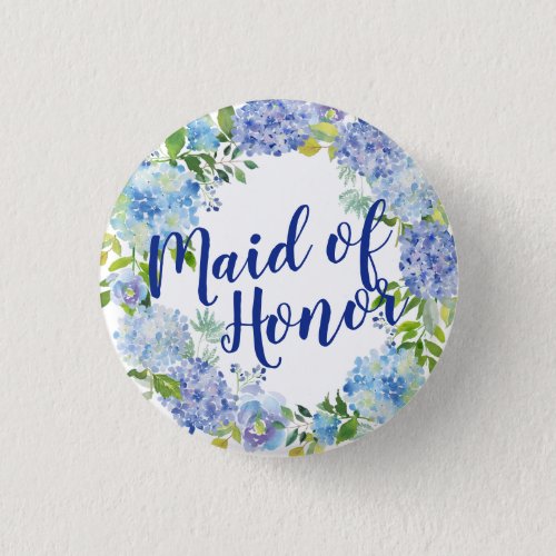 Blue Floral Watercolor Maid of Honor Button