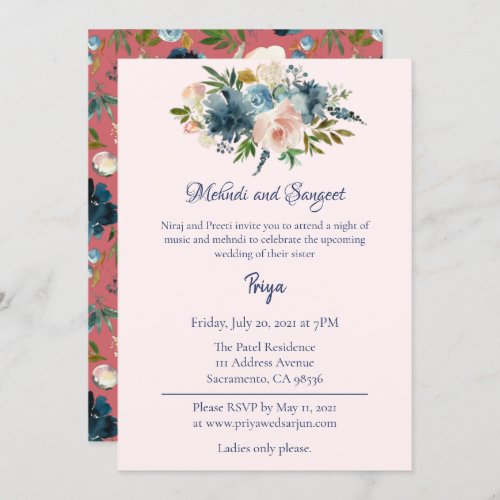 Blue Floral Watercolor Mehndi Sangeet Garba Invite