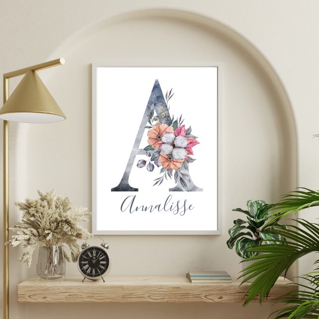 Blue Floral Watercolor Monogram A Name  Poster (Monogram A Blue Floral Watercolor Wall Art for Nursery or Girls Room )