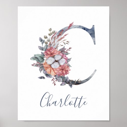 Blue Floral Watercolor Monogram C Last Name Poster