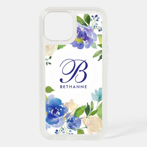 Blue Floral Watercolor Monogram iPhone 15 Case