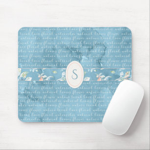 Blue Floral Watercolor Monogram Rustic Mouse Pad