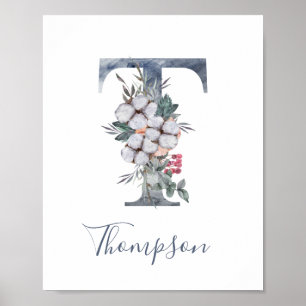 Blue Floral Watercolor Monogram T Last Name Poster