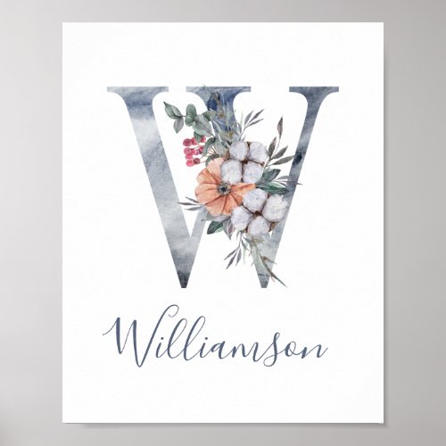 Blue Floral Watercolor Monogram W Last Name Poster