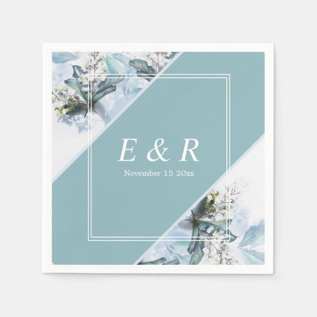 Blue Floral Watercolor Monogram Wedding Reception Napkins (Front)