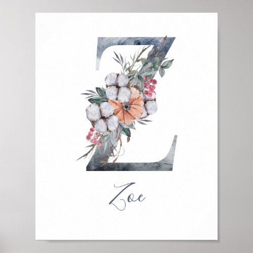 Blue Floral Watercolor Monogram Z Last Name Poster