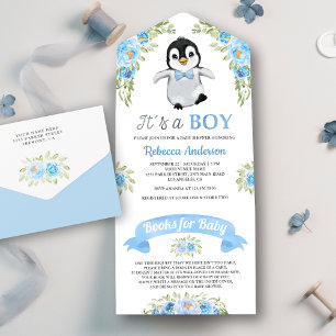 Blue Floral Watercolor Penguin Baby Shower All In One Invitation