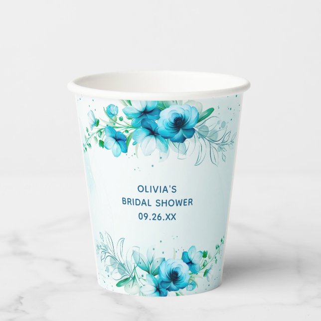 Blue Floral Watercolor Personalized Bridal Shower  Paper Cups (Front)