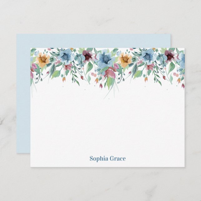 Blue Floral Watercolor Personalized Note Card (Front/Back)