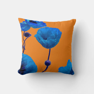 Blue Floral Watercolor Poppy Flower Pretty Sunset Throw Pillow