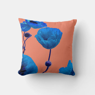Blue Floral Watercolor Poppy Flower Salmon Orange Throw Pillow