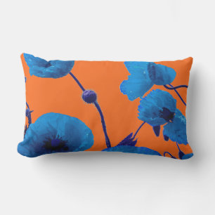Blue Floral Watercolor Poppy Flowers Summer Sunset Lumbar Pillow