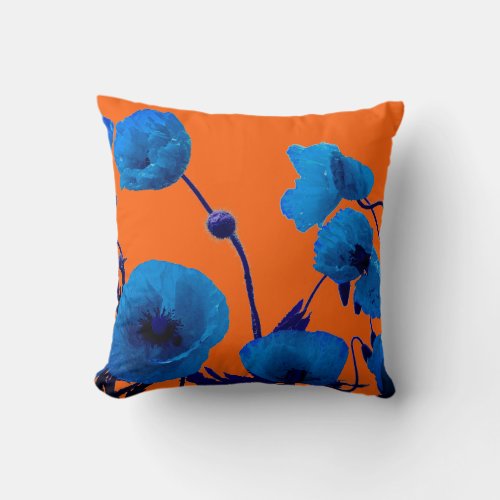 Blue Floral Watercolor Poppy Flowers Summer Sunset Throw Pillow