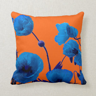 Blue Floral Watercolor Poppy Flowers Summer Sunset Throw Pillow