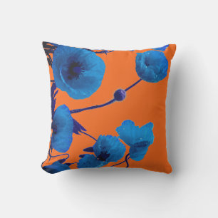 Blue Floral Watercolor Poppy Flowers Sunset Summer Outdoor Pillow