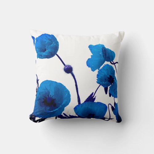 Blue Floral Watercolor Poppy Flowers White Bright Throw Pillow