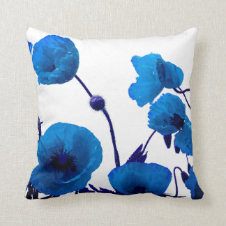 Blue Floral Watercolor Poppy Flowers White Bright Throw Pillow
