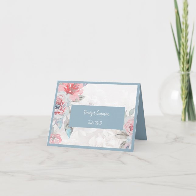 blue floral watercolor rose wedding guest card (Front)