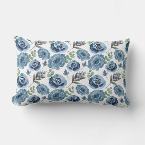 Blue Floral Watercolor Roses Pattern Cottage Lumbar Pillow