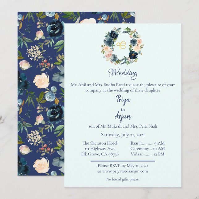 Blue Floral Watercolor Sikh Ik Onkar Wedding Invitation (Front/Back)