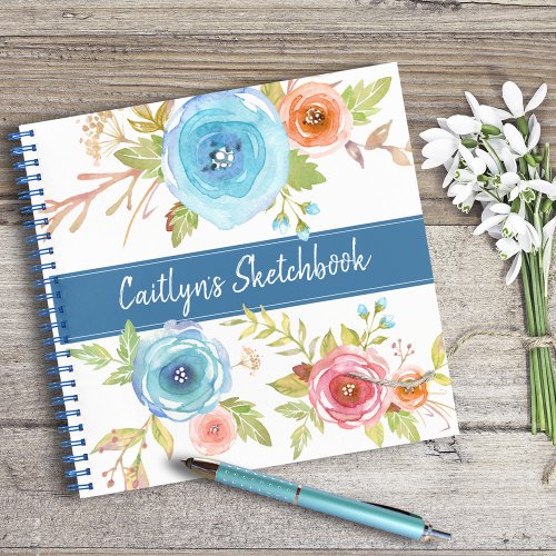 Blue floral watercolor sketchbook name typography notebook