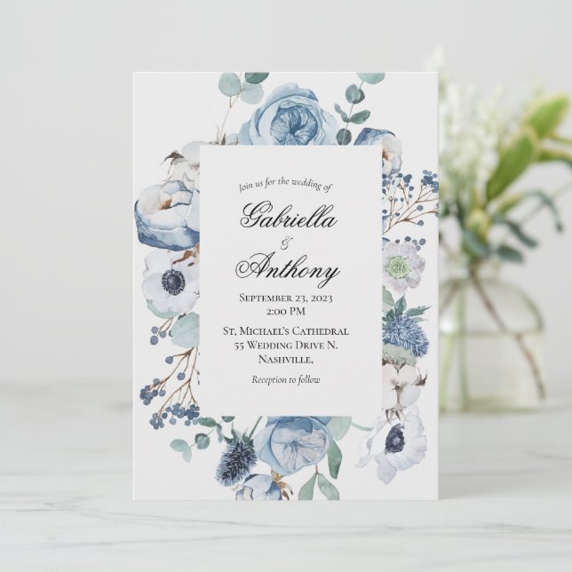 Blue Floral Watercolor Wedding Invitation (Standing Front)