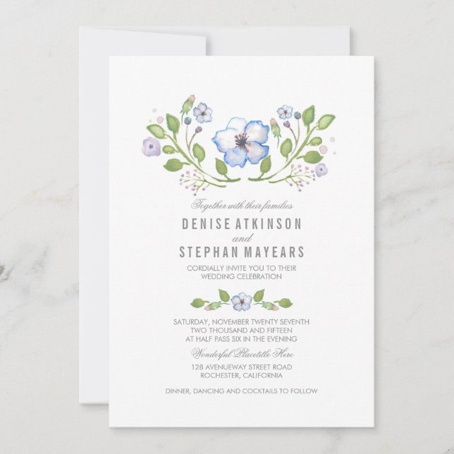 Blue Floral Watercolor Wedding Invitations (Front)
