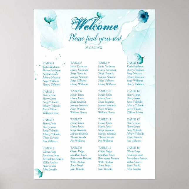 Blue Floral Watercolor Wedding Seating Poster (Front)