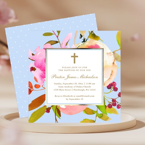 Blue Floral Watercolor with Cross Baptism Invitation