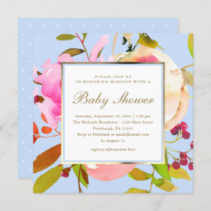 Blue Floral Watercolor with Dots Baby Shower Invitation