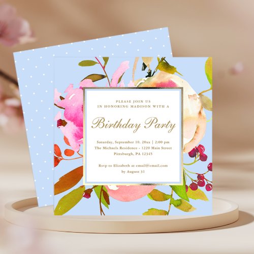 Blue Floral Watercolor with Dots Birthday Party Invitation