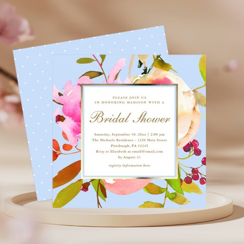 Blue Floral Watercolor with Dots Bridal Shower Invitation