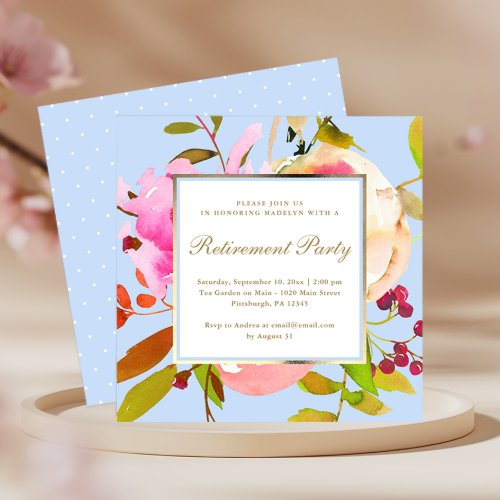 Blue Floral Watercolor with Dots Retirement Party Invitation