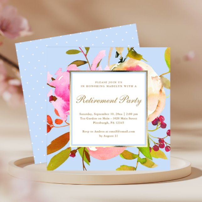 Blue Floral Watercolor with Dots Retirement Party Invitation (Creator Uploaded)